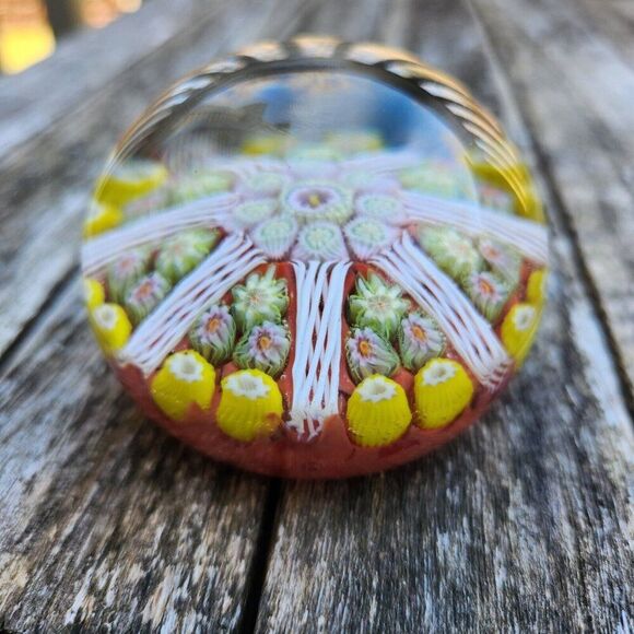STRATHEARN Art Glass Scotland Millefiori Spoke Latticino Paperweight Red Yellow - Picture 7 of 7